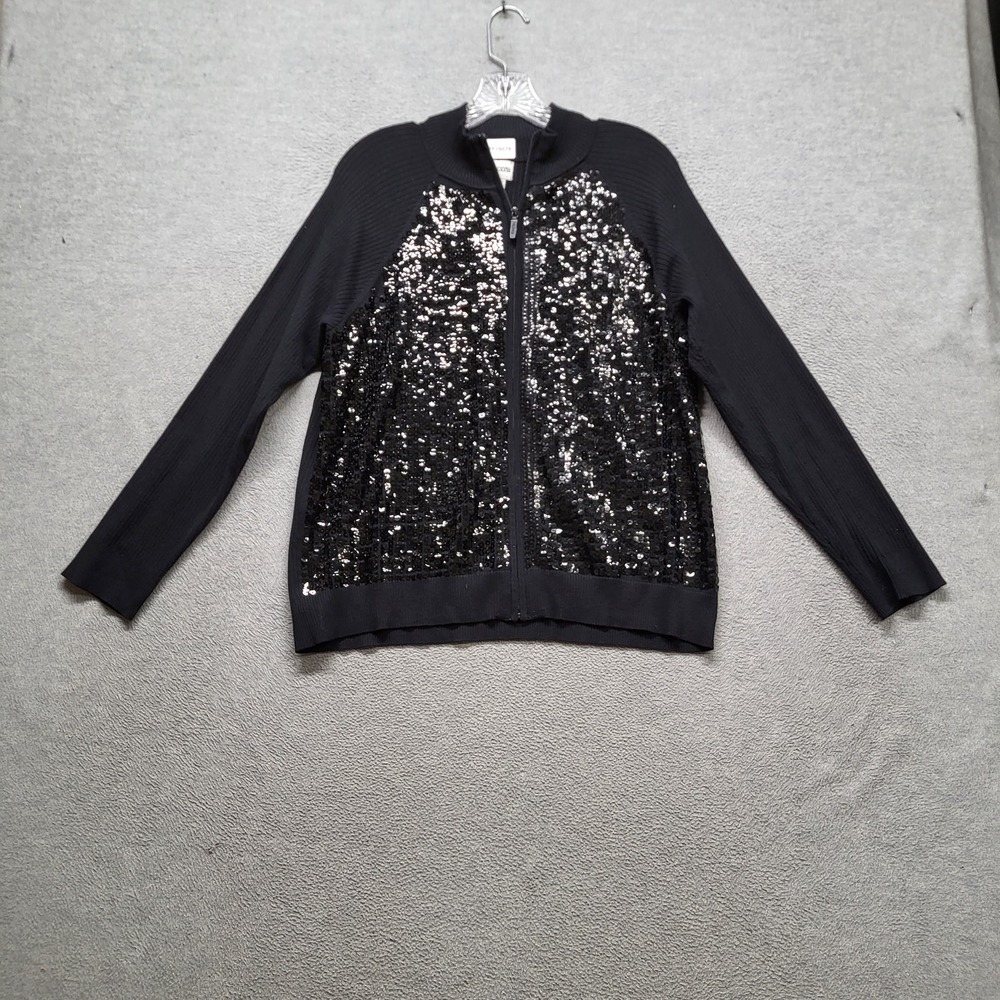 Chico's Women Jacket 2 Black Rayon Silk Sequin Zipper Long Sleeve